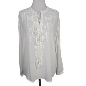 American Rag Cie Women's White Chiffon Embroidered Tunic Top Blouse Shell Small